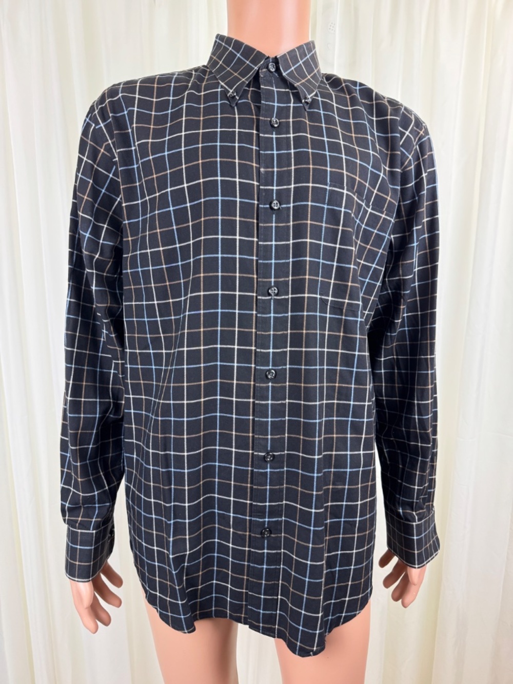 Grant Thomas Men's Black Plaid 100% Cotton Button Down Dress Shirt Large